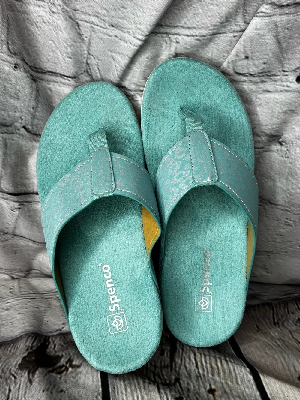 Spenco Metallic Aqua Blue Leopard Print Flip Flop Thong Resortwear Sandals Sz 7